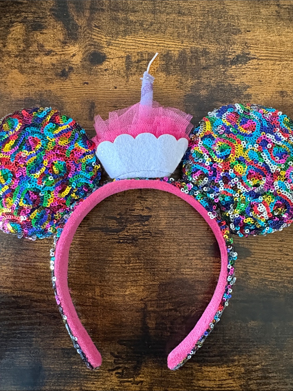 Disney Ears Rainbow Sequin Minnie Ears Headband with Pink Candle Accent